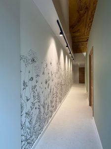 Couloir d'entrée d'un cabinet infirmier. Grande fresque en papier peint, plafond ancien